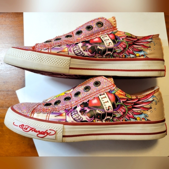 Ed Hardy Sneakers Shoes US 6 Satin & Canvas Pink Red Don Ed Hardy Designs - Picture 5 of 6